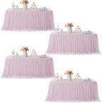 familus Pink Table Cloths 8 Foot Rectangle 4 Pack Stretch Ruffle Tulle Tablecloth Spandex Fitted Table Cover for 8 Foot Tulle Table Skirts for Party Wedding Table Cloths, Banquets by familus
