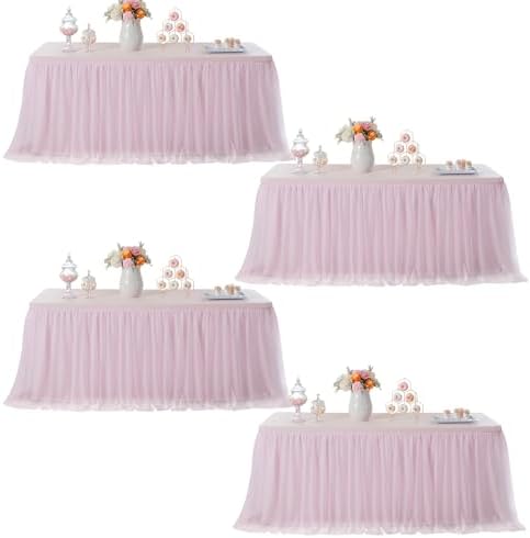 familus Pink Table Cloths 8 Foot Rectangle 4 Pack Stretch Ruffle Tulle Tablecloth Spandex Fitted Table Cover for 8 Foot Tulle Table Skirts for Party Wedding Table Cloths, Banquets by familus