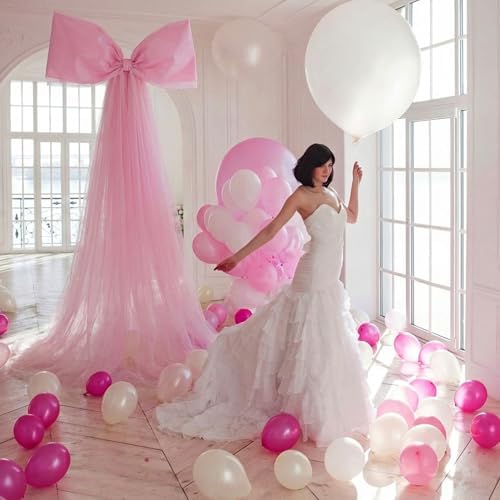 Canlierr Extra Large Pink Organza Bow Decorations 39 x 59 Inch Giant Pink Tulle Bow with Tie and Long Ribbon Tails for Wedding Valentines Party Backdrop Coquette Room Wall Decoration - Image 4