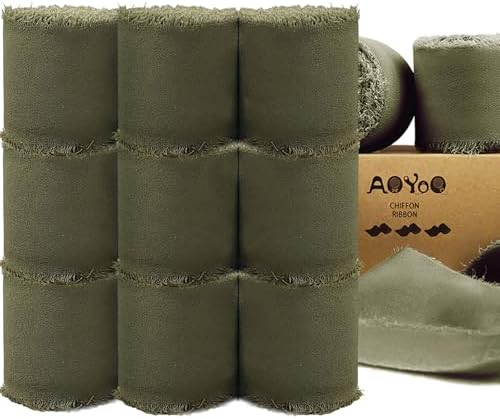9 Rolls Olive Green Chiffon Ribbon, 1.5" x 63Yd Frayed Fringe Silk Ribbons for Wedding Invitations, Bridal Bouquets, St. Patrick's Day Gifts Wrapping, Decorations by Unknown