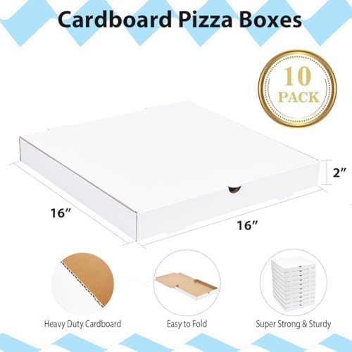 White Corrugated Cardboard Pizza Boxes 16x16x2 Inch,10 Pack Large Pizza Box for Homemade Pizza,Food, Donut and Pies - Image 2