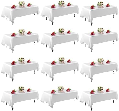 FINDYOU 12 Pack White Table Cloth Rectangle Table 60 x 102 Inch Tablecloths for 6 Foot Rectangle Tables. Stain and Winkle Resistant Polyester Washable White Cloths for Parties by TableClothAndTableRunner