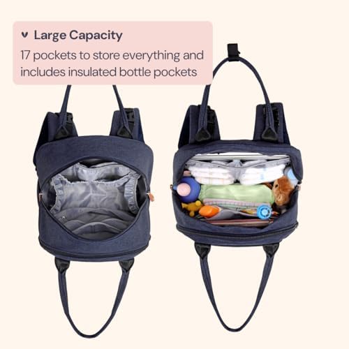 BabbleRoo Diaper Bag Backpack - Baby Essentials Travel Tote - Multi Function Water Resistant Diaper Bag, Travel Essentials Baby Bag with Changing Pad, Stroller Straps & Pacifier Case - Navy Blue - Image 3