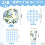 Pickmesh 250 Pcs Blue Hydrangea Party Supplies Blue Floral Gingham Checkered Paper Plates Napkins and Cups Hydrangea Disposable Tableware Set for Summer Wedding Birthday Tea Party Decorations Serve 50 - Image 3