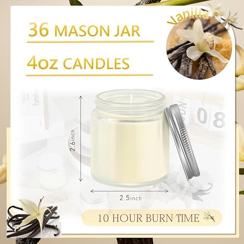 36 Pcs 4 Oz Mason Jar Candles, Vanilla Scented Soy Candles Bulk Set for Stress Relief and Relaxation, Great Favors for Wedding, Christmas, Housewarming Gifts (Silver, Vanilla, 36) - Image 2