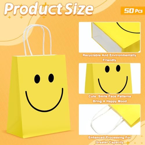 Kosiz 50 Set Yellow Smile Face Gifts Bags Bulk with Handle 6 x 3 x 8'' - Image 2