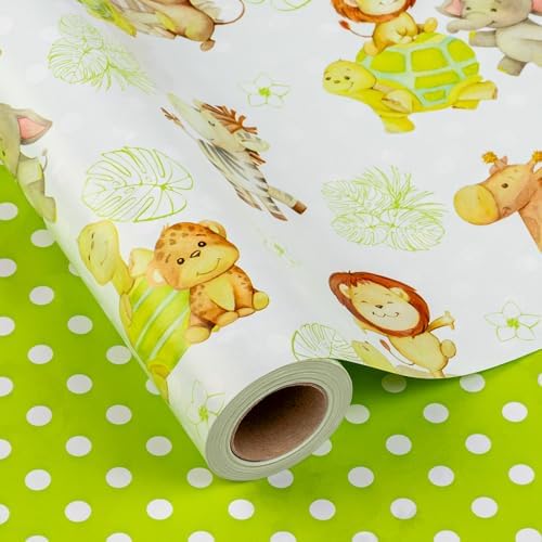 Homeral Baby Shower Jumbo Wrapping Paper Roll - Neutral Cute Safari Animals & Polka Dot Pattern, Reversible Green Newborn Gift Wrap for Baby Shower, 1st Birthday, Party - 30 Inch x 100 Feet by HOMERAL