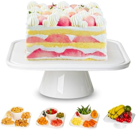 10" Square Ceramic Cake Stand 5-in-1 - White Pedestal Serving Platter for Wedding Birthday Party Baby Shower, Dessert Cupcake Fruit Display Stand, Multifunctional Kitchen Centerpiece by cikiciki