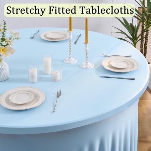 6 Pack Spandex Baby Blue Round Tablecloths for 60in Table, Stretchy 120inch Fitted 5ft Table Cloths, Wrinkle Free Round Tablecovers Skirt for Wedding Birthday Parties Baby Shower Banquet - Image 2