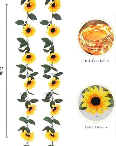 4 Pack Artificial Sunflower Garland Decor with Lights, Sunflower Vines Hanging Flowers Garland with Green Leaves, Fake Yellow Flower Vines Room Wedding Party Decoration(4 Pack) - Image 2
