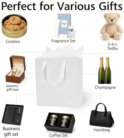 Papertide 36 Pack White Mini Gift Bags 10×4.5×11 inch with Tissue Paper - Image 4
