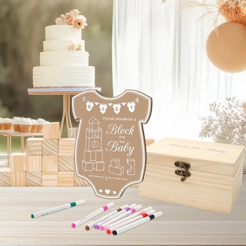 JarThenaAMCS 80 Pcs Baby Shower Game Kits Coloring Building Blocks Baby Clothes Wooden Display Sign Colorful Markers with Storage Box for Birthday Party DIY Crafts Supplies - Image 5