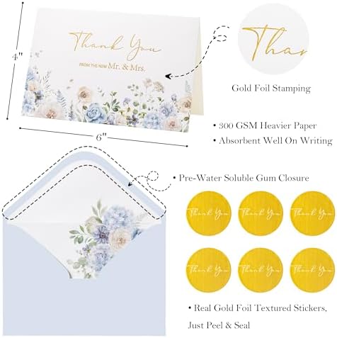 Crisky Blue Floral Wedding Thank You Cards with Envelopes & Stickers From Mr & Mrs, 100 Pack Gold Foil Eucalyptus Leaves Thank You Greeting Note Cards Bulk for Bridal Shower - Image 2
