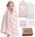 Organic Muslin Hooded Baby Bath Towel 4pc for Newborn - Pink Stripe by HardNok