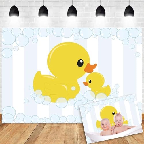 Duck Photo Backdrop Rubber Duck Baby Shower Backdrop Yellow Rubber Ducky and Bubbles Background for Photography Kids Baby Shower Newborn Birthday Party Decoration Cake Table Banner 8x6ft by OERJU