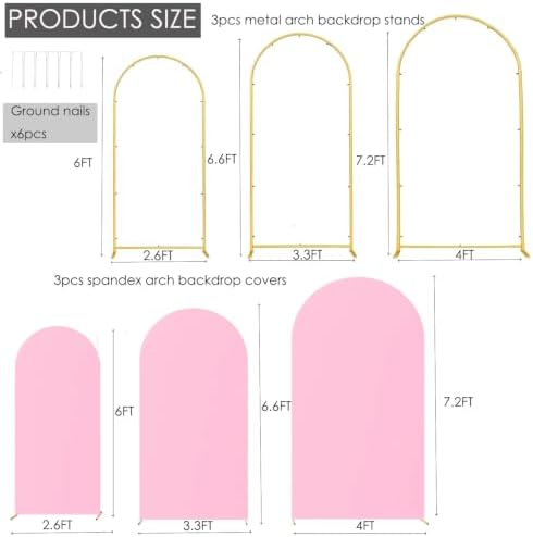 Set of 3 Metal Arch Backdrop Stands with Pink Covers, 6/6.6/7.2FT - Image 3