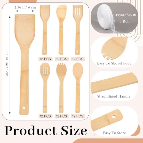 Reallnaive 72 Pcs Bamboo Spatula Wooden Kitchen Utensil Bulk 12''wood Spoon Spatula for Cooking with Ribbon Bridal Baby Shower Game Prize Wedding Party Favors Housewarming Gift (Various Style) - Image 2