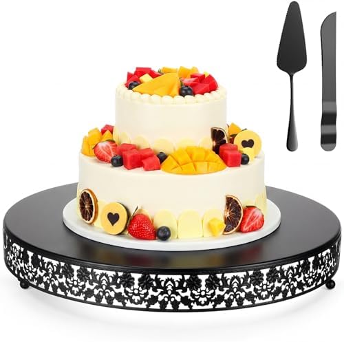 Wenqik 18 Inch Black Cake Stand Set Metal Round Cupcake Dessert Stand with Cake Cutting, Flower Spatula Wedding Cupcake Pastry Display Candy Holder Display for Wedding Party Birthday Baby Shower by Wenqik