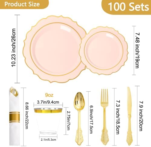 Sylans 700PCS Pink Plastic Plates Disposable Dinnerware Set for 100 Guests - Image 2