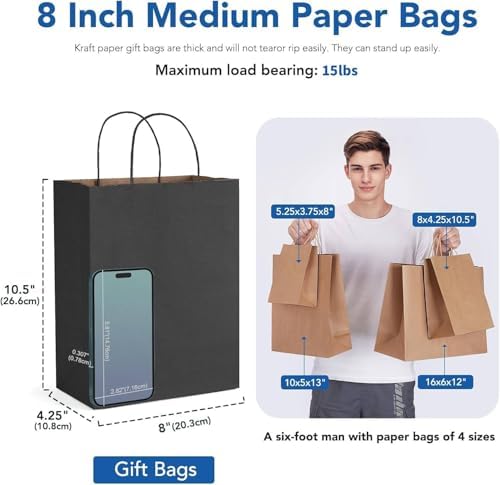 GSSUSA Black Paper Bags with Handles, Gift Bags 8x4.25x10.5, 100 Pack - Image 2