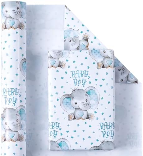 WRAPAHOLIC Jumbo Baby Boy Wrapping Paper - 30 Inch x 100 Feet Jumbo Roll - Adorable Blue Elephant Design for Baby Shower, Party, Holiday - Image 2