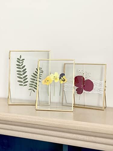 Beedecor Double Glass Frame for Pressed Flowers, Leaf and Artwork Set of 3 Pressed Flower Frames with Stand - 6x6, 5x7 and 6x8 Gold Standing Square Metal Picture Frames, Tabletop Clear Floating Pressed Glass Frame, Home Decor Photo Display (Gold, Set o... - Image 2