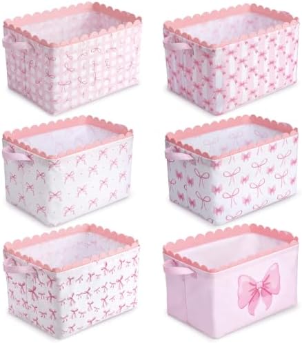 CHENGU 6 Pcs Pink Bow Storage Basket Collapsible Scalloped Storage Bin by CHENGU
