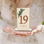 Wedding Table Numbers 1-20, Green Leaf Wooden Table Number Signs with Base by Unknown