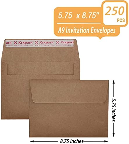 Xxcxpark 250 Qty Printable A9 Invitation Envelopes 5.75 x 8.75 Cards, Self Seal 120GSM Brown Paper Envelopes for Invitations, Papers, Photos, Documents, Wedding, Baby Shower, Easy to Seal and Peel - Image 2