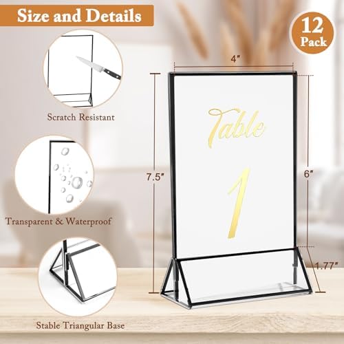Floroom 12 Pack 4x6 Inch Clear Acrylic Sign Holders, Black Border Double-Sided Vertical Picture Frames & Display Stands for Table Numbers, Photos, Menus, Flyers, Weddings, Parties & Events - Image 2