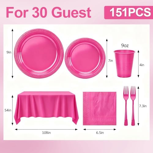 Hot Pink Plastic Party Plates Set 30 Guest Disposable Pink Party Supplies - Image 3
