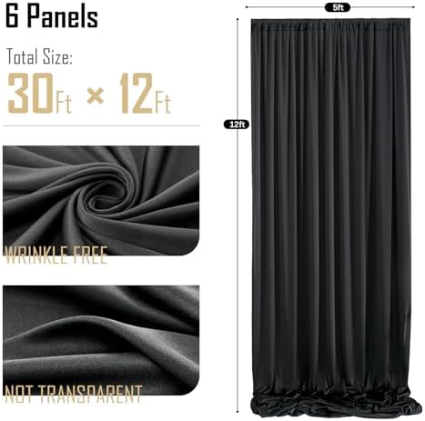 gogoparti 30x12ft Black Backdrop Curtain for Wedding Parties, 6 Panels (5x12 ft Each) Wrinkle-Free Dackdrop Curtains, Silky Draping Fabric for Birthday Party, Baby Shower, Photo Background - Image 6