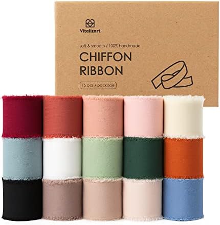 Vitalizart Chiffon Silk Ribbon 1 1/2 Inch x 75 Yd Handmade Frayed Edge Assorted Ribbons for Gift Wrapping Bridal Bouquets Baby Shower Wedding Invitations by Vitalizart