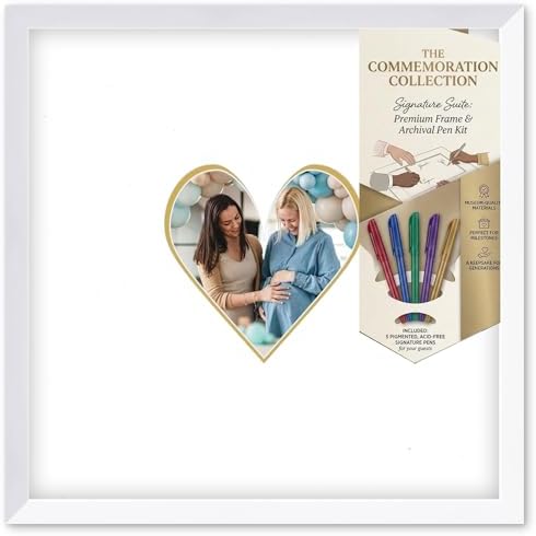 Solid Wood Signature Frame With Heart Opening - White Wood - Metallic Gold Accent Mat - Guest Book Alternative With Gel Pens Made in the USA by CustomPictureFrames