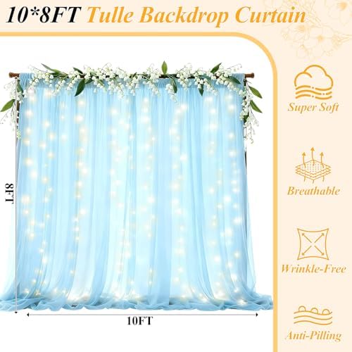 Ledido 10×8ft Blue Tulle Backdrop Curtains with Lights(8 Panels 5×8ft) - Image 2