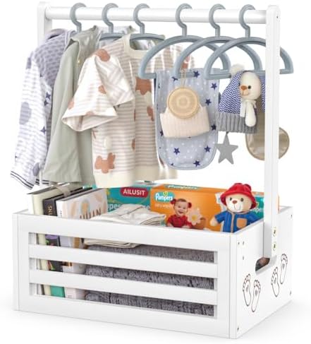 BAMBOOHOMIE Baby Shower Crate Closet, Baby Baskets with Hangers Handle, Baby Crate Box for Baby Shower, Welcome Gift Basket for Newborn Baby, Pregnancy Gift for New Parents (White, Small Size) by BAMBOOHOMIE