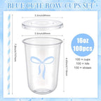 LemonRoad 100sets 16oz Blue Bow Cups Blue Birthday Party Decorations Supplies Cute Plastic Cups Disposable with Lids and Straws, for Valentines Galentines Day Christmas Wedding Baby Shower Decorations - Image 3