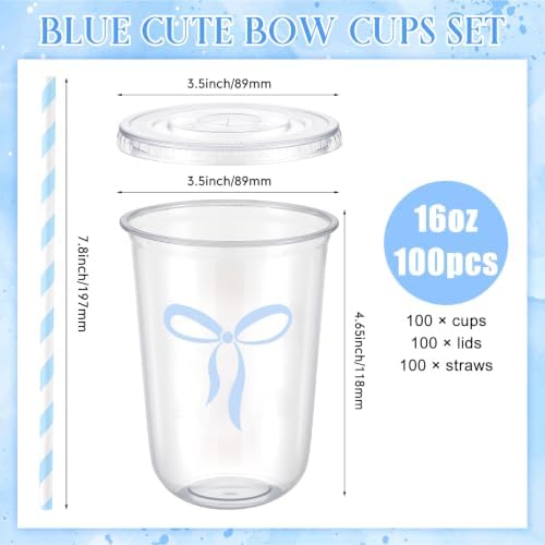 LemonRoad 100sets 16oz Blue Bow Cups Blue Birthday Party Decorations Supplies Cute Plastic Cups Disposable with Lids and Straws, for Valentines Galentines Day Christmas Wedding Baby Shower Decorations - Image 3