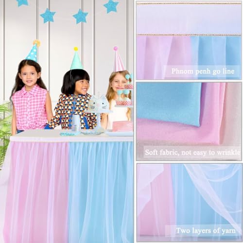 9ft Pink and Blue Table Skirt for Gender Reveal Tulle Tutu Table Cloths Cover for Baby Shower Boy or Girl Birthday Party Dessert Buffet Banquet Table Decorations - Image 4