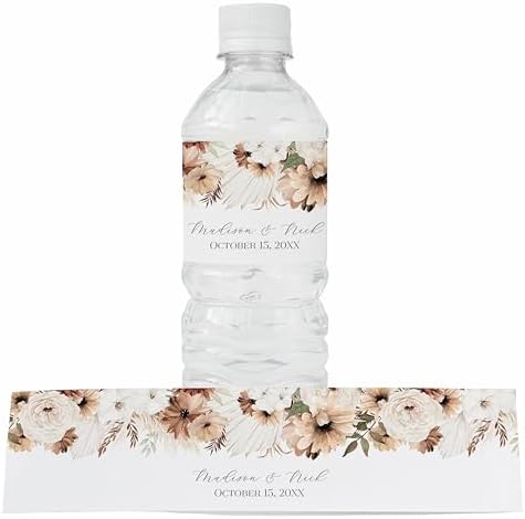 Personalized Water Bottle Labels with Choice of 30 Flower Styles - Choose Font and Pre-Made Phrases or Design Custom Text - LABELS ONLY (030 Neutral Boho Flowers, 2 inch (8.5x2")) by ThePaperedWedding