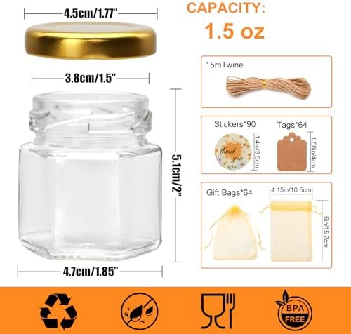 64 Pack 1.5oz Mini Honey Jars with Airtight Gold Lids - Image 2