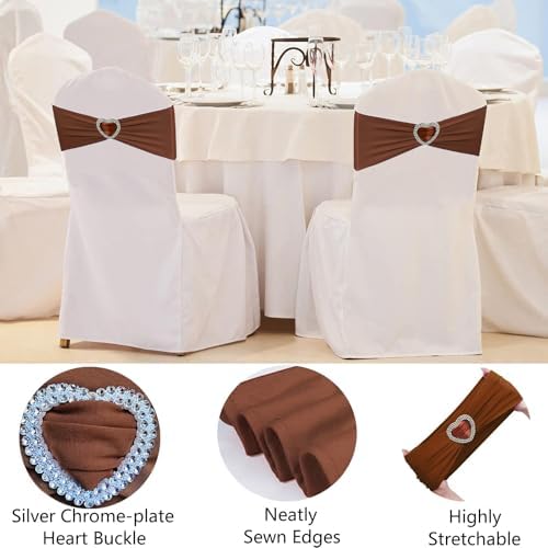 Brown Chair Sashes 50 Pack Spandex Brown Sashes for Chairs Covers Universal Stretch Chair Sashes Band with Heart Buckle Slider for Wedding Banquet Party Decorations - Image 3
