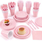 Aodaer 400 Pieces Pink Party Supplies Disposable Dinnerware Set Include Plastic Plates Cups Knives Forks Spoons Paper Napkins for Birthday Wedding Graduation Parties, Serve 50 Guests by Aodaer