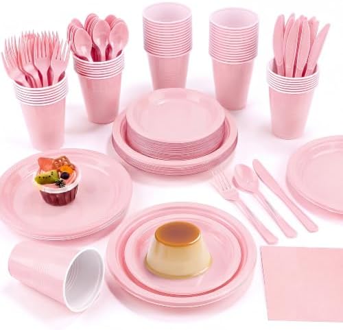Aodaer 400 Pieces Pink Party Supplies Disposable Dinnerware Set Include Plastic Plates Cups Knives Forks Spoons Paper Napkins for Birthday Wedding Graduation Parties, Serve 50 Guests by Aodaer
