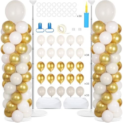 2 Sets Adjustable Balloon Column Stand Kit with Bases（ Sand White Gold） by Naozinebi