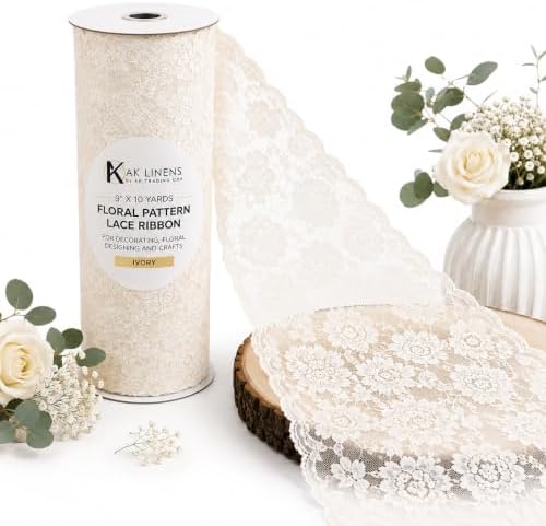 AK TRADING CO. 9" x 10 Yards Ivory Crochet Floral Lace Ribbon – Wide Soft Vintage Trim for Crafts, Wedding Decor & Gift Wrapping by AK+Trading+Co.