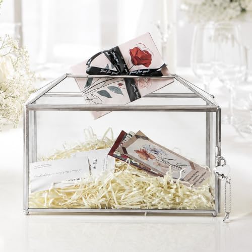 12.6" x 6" x 9" Wedding Glass Card Box with Slot and Lock for Wishing Well, Keepsake, Envelope - Birthday Party Reception Decor, Silver (Glass Box Only) Slot Length 7.3 Inches - Image 4