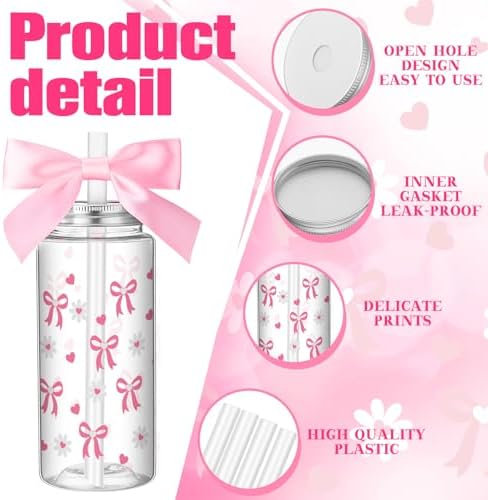 24 Pcs Pink Bow Plastic Cups Daisy Coquette Aesthetic Cup with Lids and Straws 14 oz Reusable Water Bottle Cute Preppy Tumbler with Ribbon for Birthday Bridal Wedding Party Supplies - Image 3