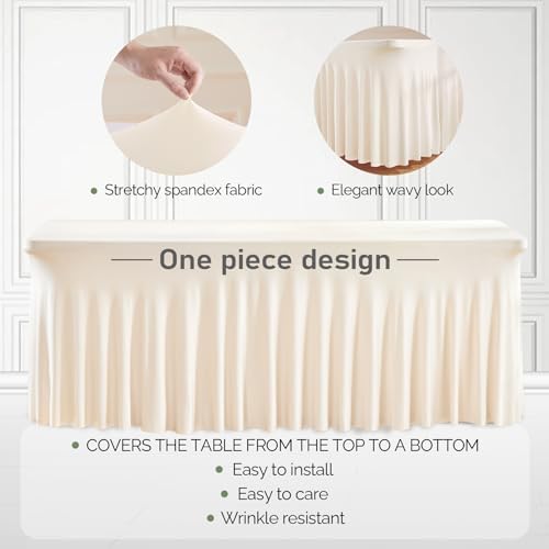 6 Packs Ivory Table Clothes for 8 Foot Rectangle Tables, One-Piece Wrinkle Resistant Stretch Spandex Table Covers with Skirt for Event Banquet Wedding Birthday Party - Image 2