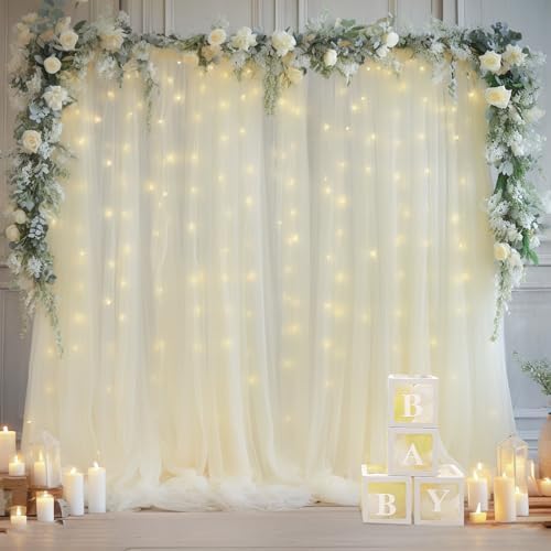 20x10ft Ivory Tulle Backdrop Curtain with Lights String for Parites, Sheer Backdrop Curtains for Wedding Baby Shower Birthday Party Photo Shoot Decorations - Image 2